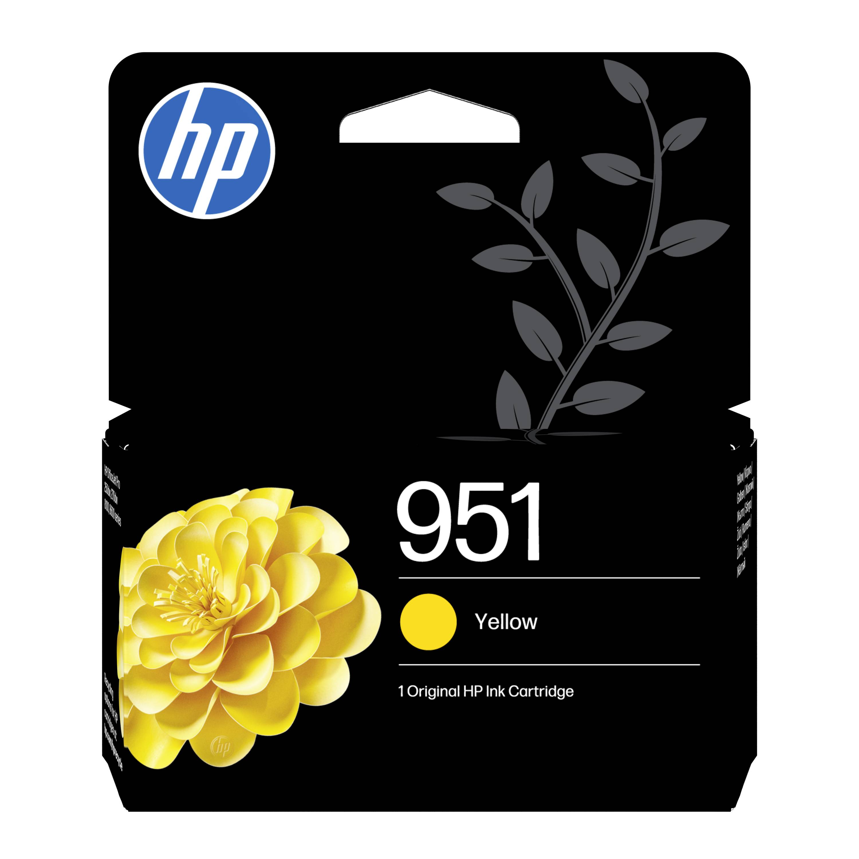 HP 951 žltá náplň do tlačiarne v krabici s logom HP, žltou kvitkou a ilustráciou rastliny na čiernom balení.