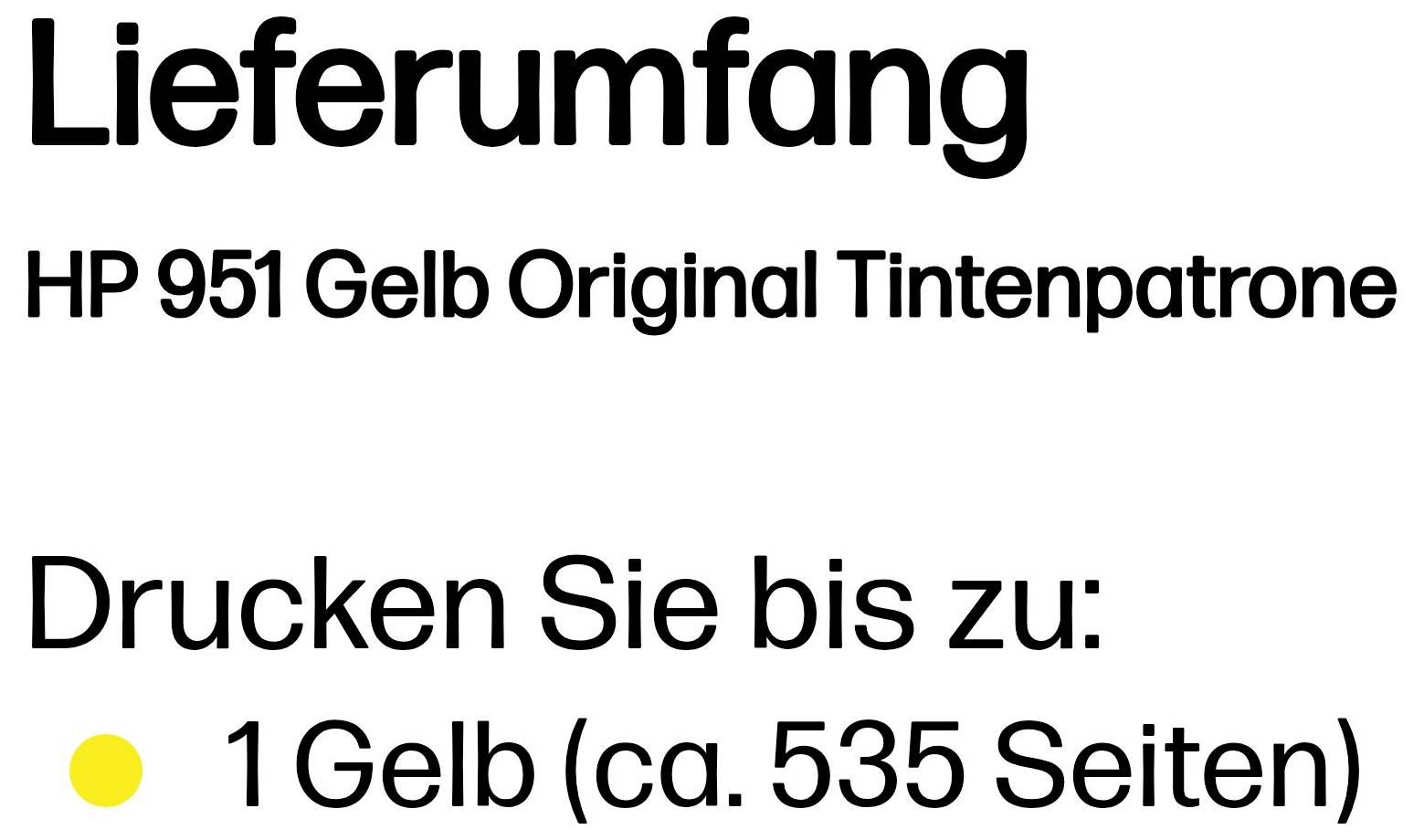 Balenie obsahuje originálnu žltú náplň HP 951<br><br>Tlač až do: 1 žltá (približne 535 strán)<br><br>[žltá bodka ikona]