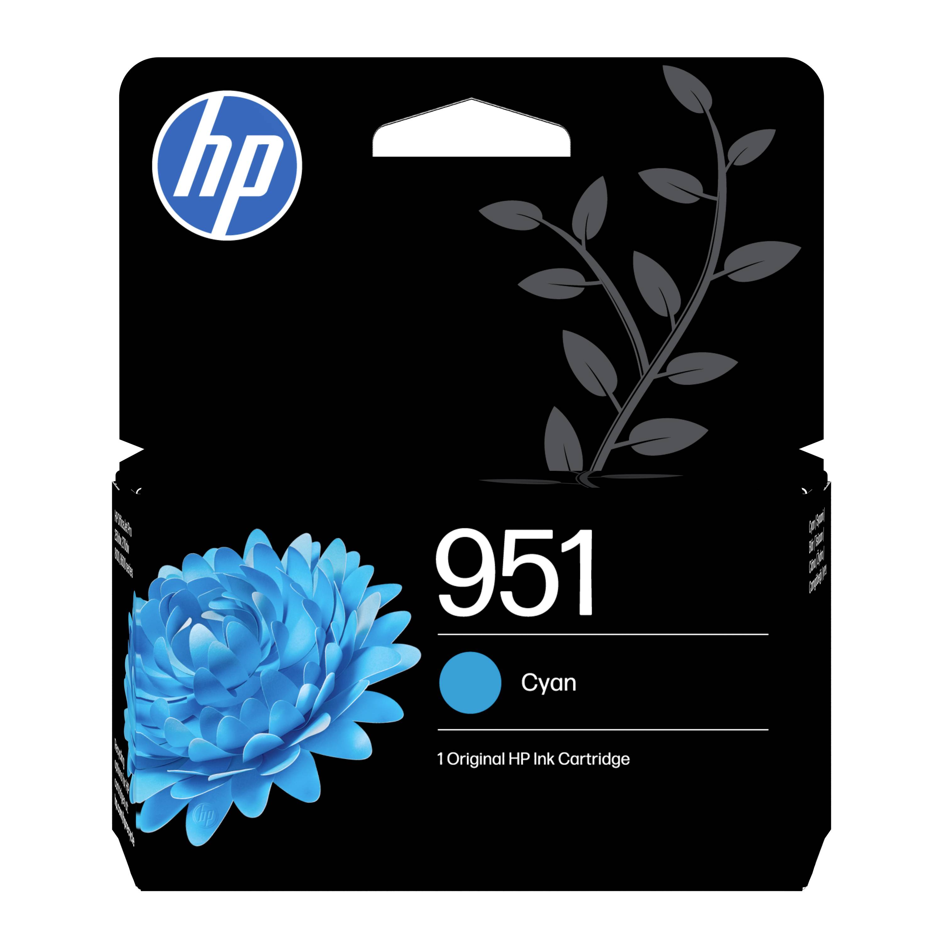 Balíček s azúrnym atramentom HP 951 s modrým kvetinovým grafickým prvkom a logom HP na čiernej krabici.