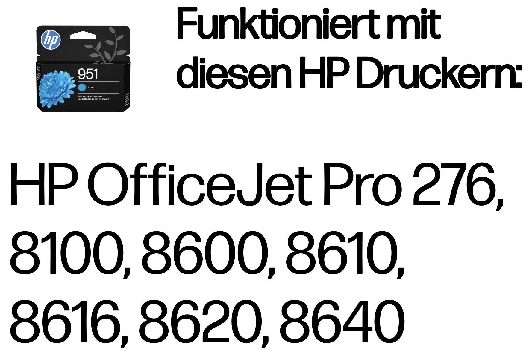 HP 951 cartridge s atramentom je zobrazená ako kompatibilná s tlačiarňami HP OfficeJet Pro 276, 8100, 8600, 8610, 8616, 8620, 8640.