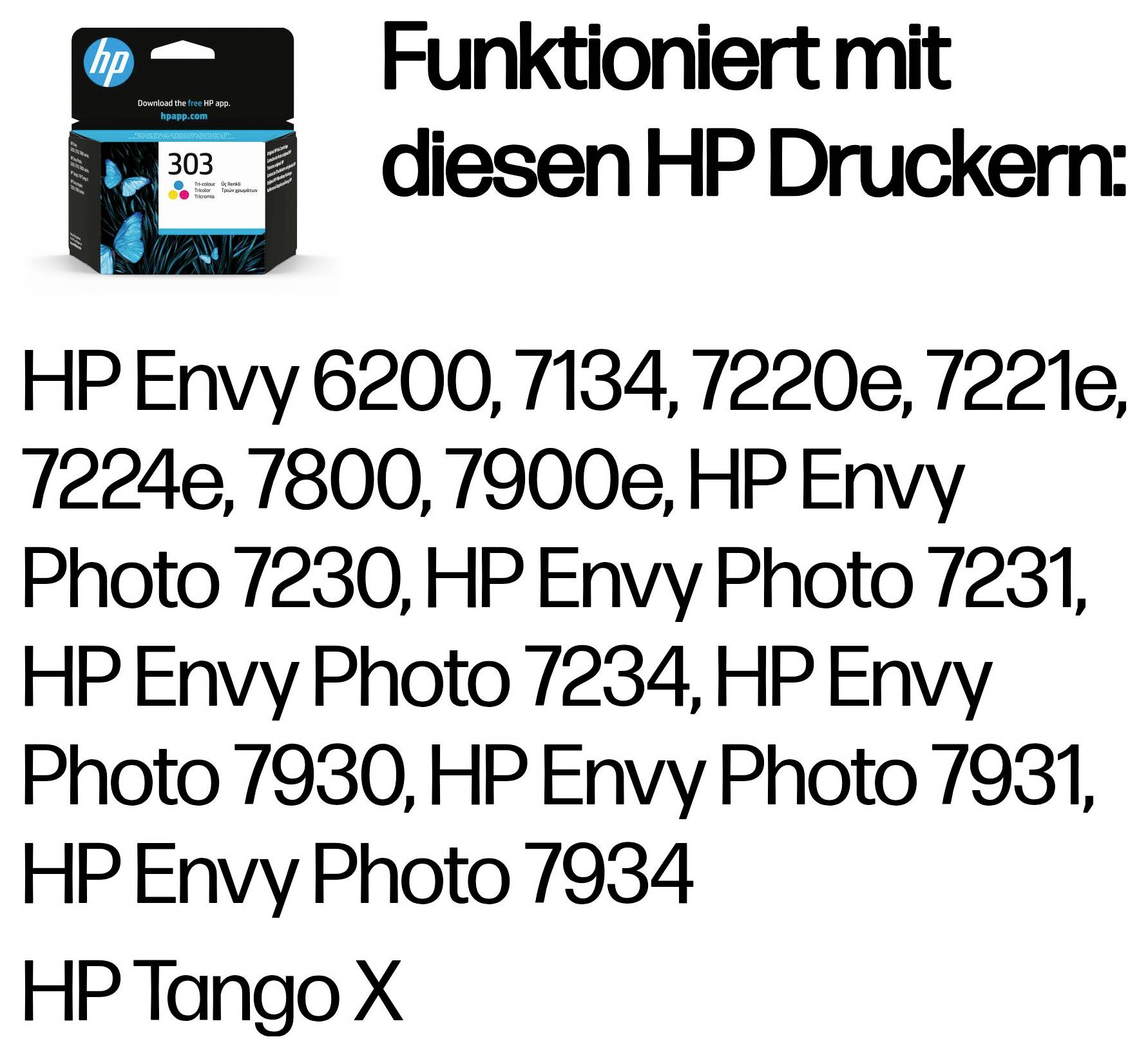 HP 303 cartridge atramentu zobrazená s textom zoznamom kompatibilných tlačiarní HP, vrátane Envy 6200, 7134, 7220e, 7221e, 7224e, 7800, 7900e, Photo 7230, 7231, 7234, 7930, 7931, 7934 a Tango X.