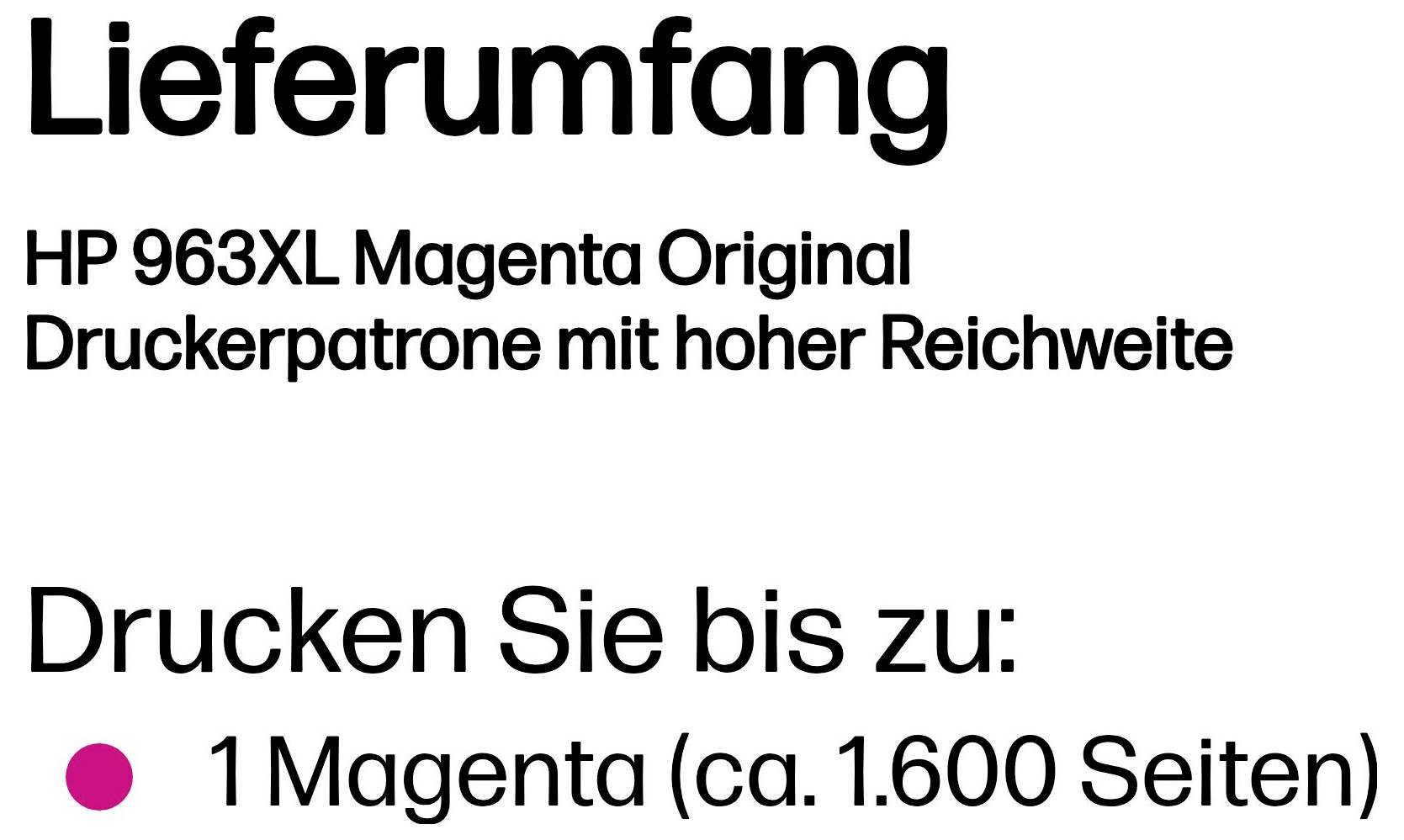 Nemecká produktová grafika pre HP 963XL Purpurová originálna náplň do tlačiarne, udávajúca výťažnosť tlače až 1 purpurová náplň, približne 1 600 strán.