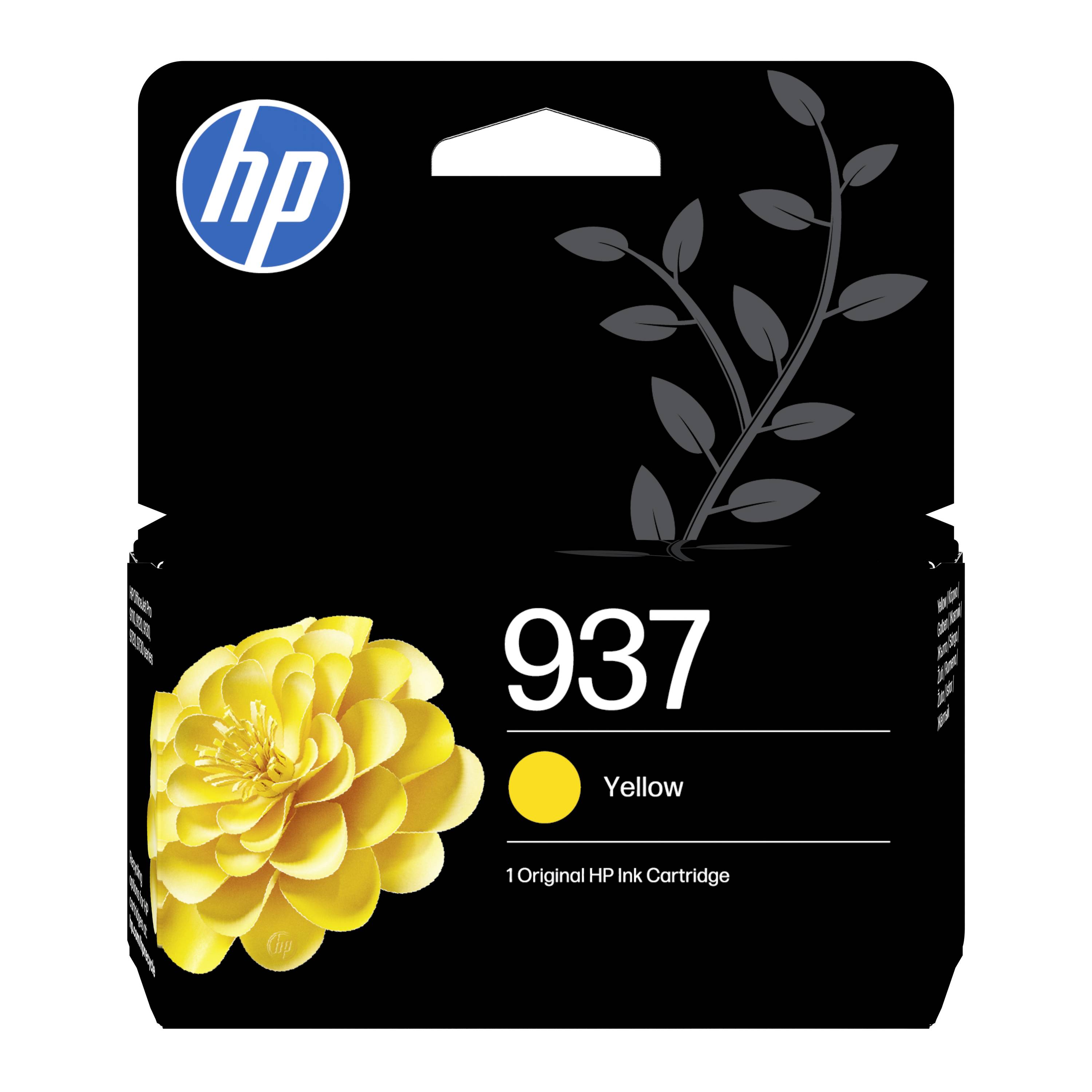 HP 937 žltá originálna náplň do tlačiarne v balení s grafickou úpravou žltého kvetu a logom HP na čiernej škatuľke.