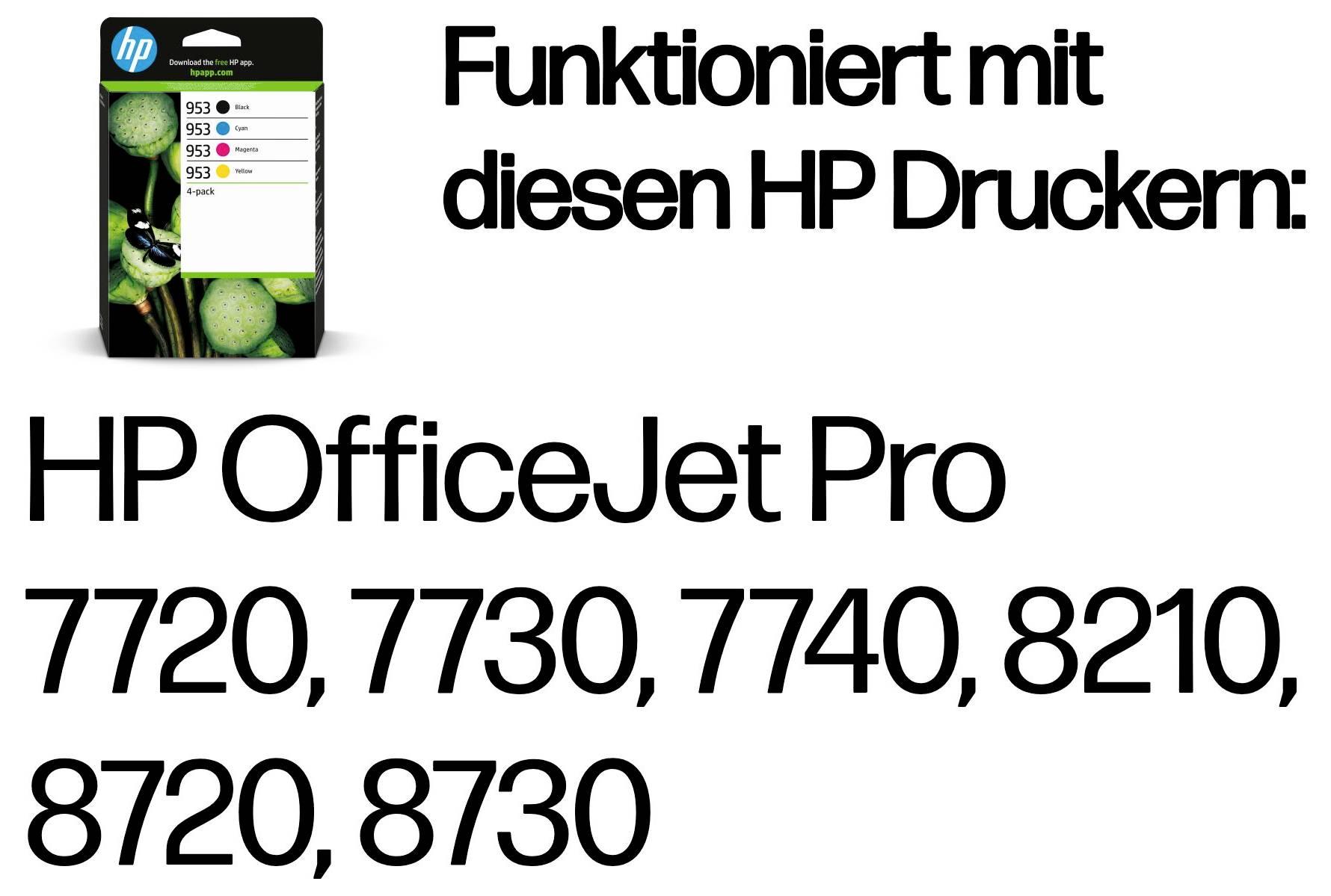 HP kazeta s atramentom s nemeckým textom „Funguje s týmito tlačiarňami HP:" a kompatibilnými modelmi: HP OfficeJet Pro 7720, 7730, 7740, 8210, 8720, 8730.