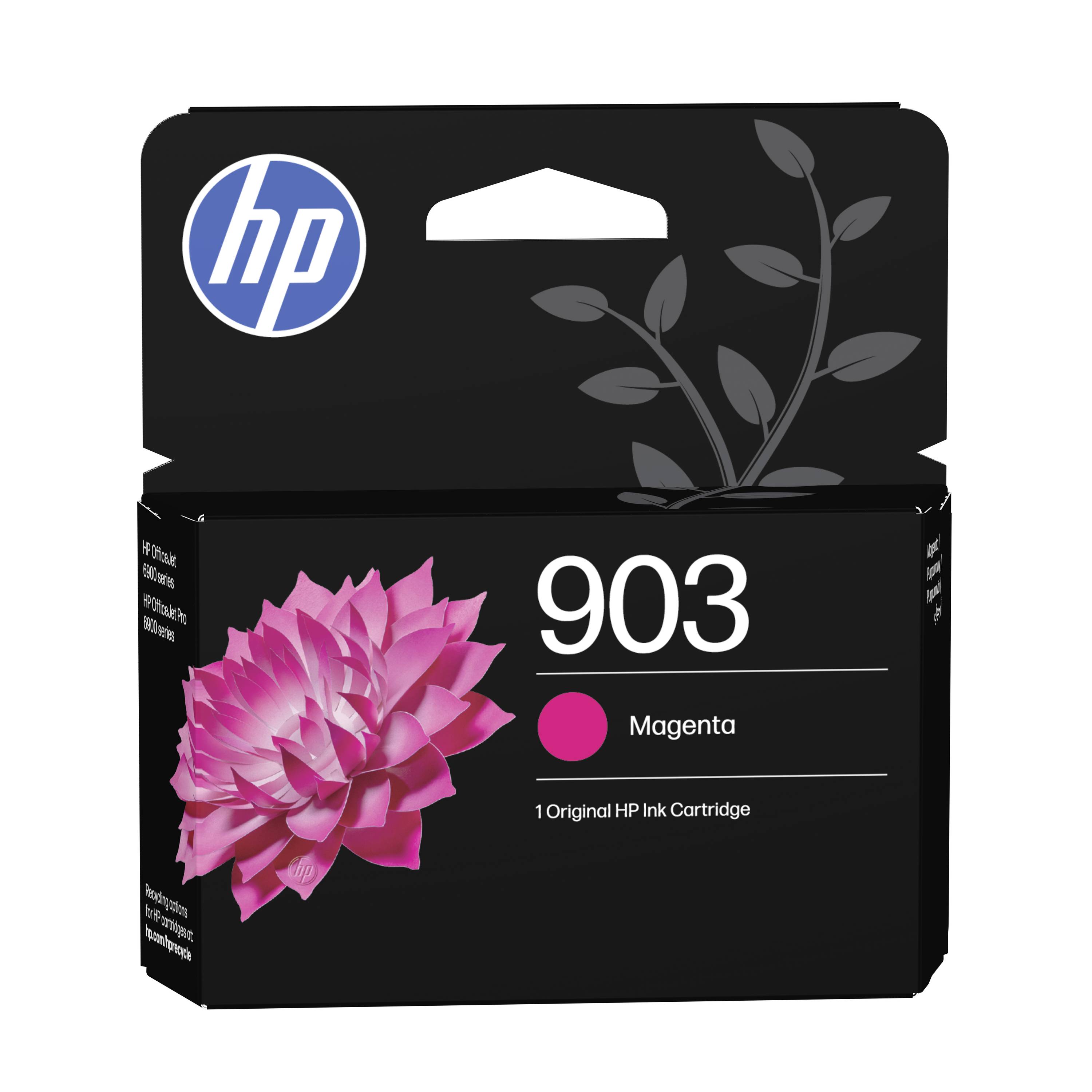 HP 903 fialová originálna náplň do tlačiarne v krabici s ružovým kvetinným grafickým motívom a logom HP.