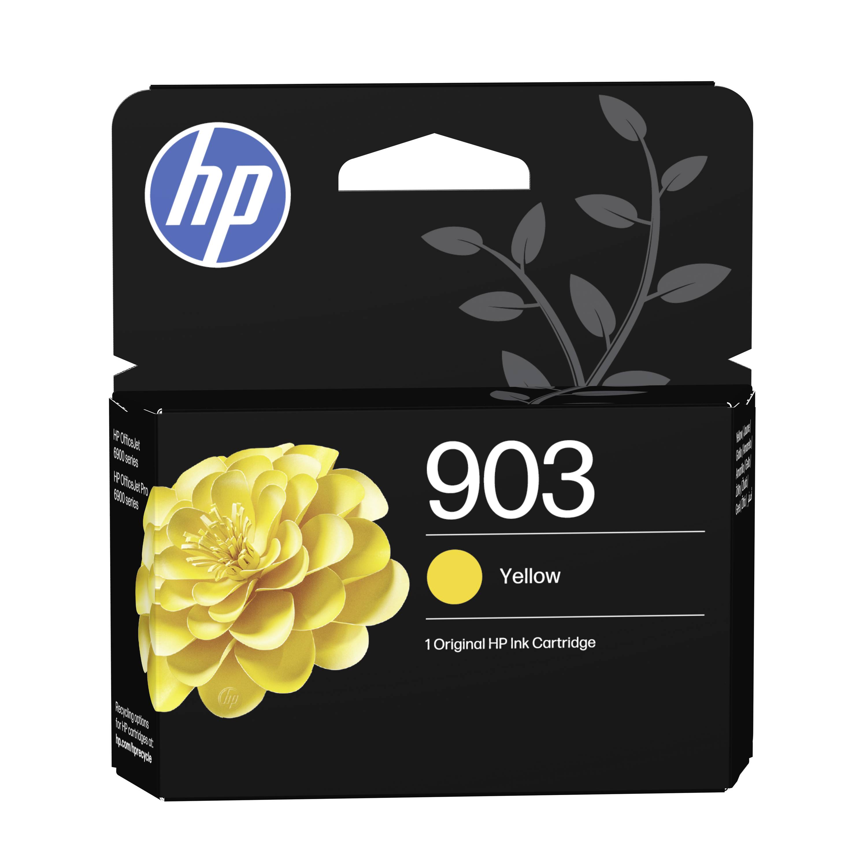 HP 903 žltá originálna náplň do tlačiarne v krabici so žltým kvetom a logom HP na čiernom balení.