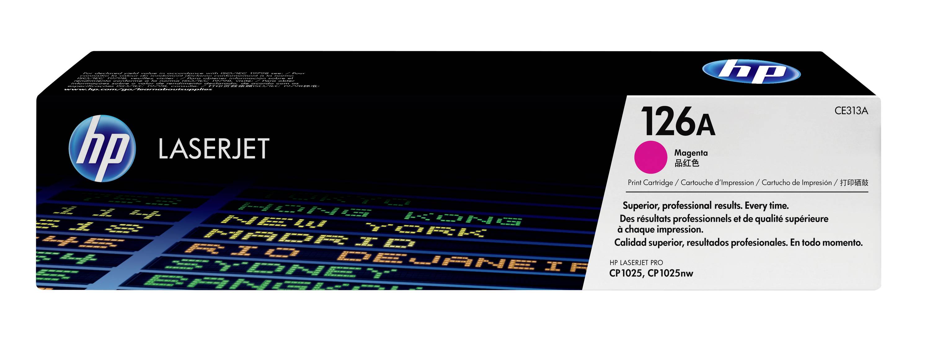 HP LaserJet 126A purpurová tonerová kazeta, zobrazená v čierno-bielom balení s logom HP a zoznamom kompatibilných modelov tlačiarne.