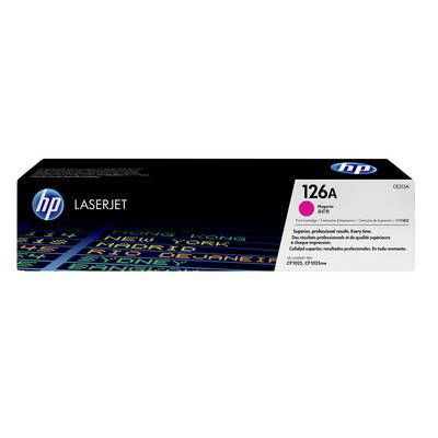 HP LaserJet 126A purpurová tonerová kazeta, zobrazená v čierno-bielom balení s logom HP a zoznamom kompatibilných modelov tlačiarne.