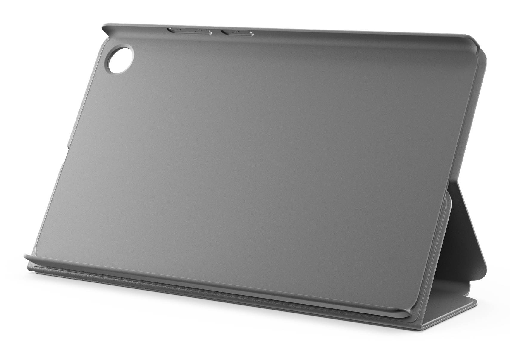 Sivé puzdro na tablet s vstavaným stojanom, zobrazené zatvorené a sklopené na bielom pozadí.