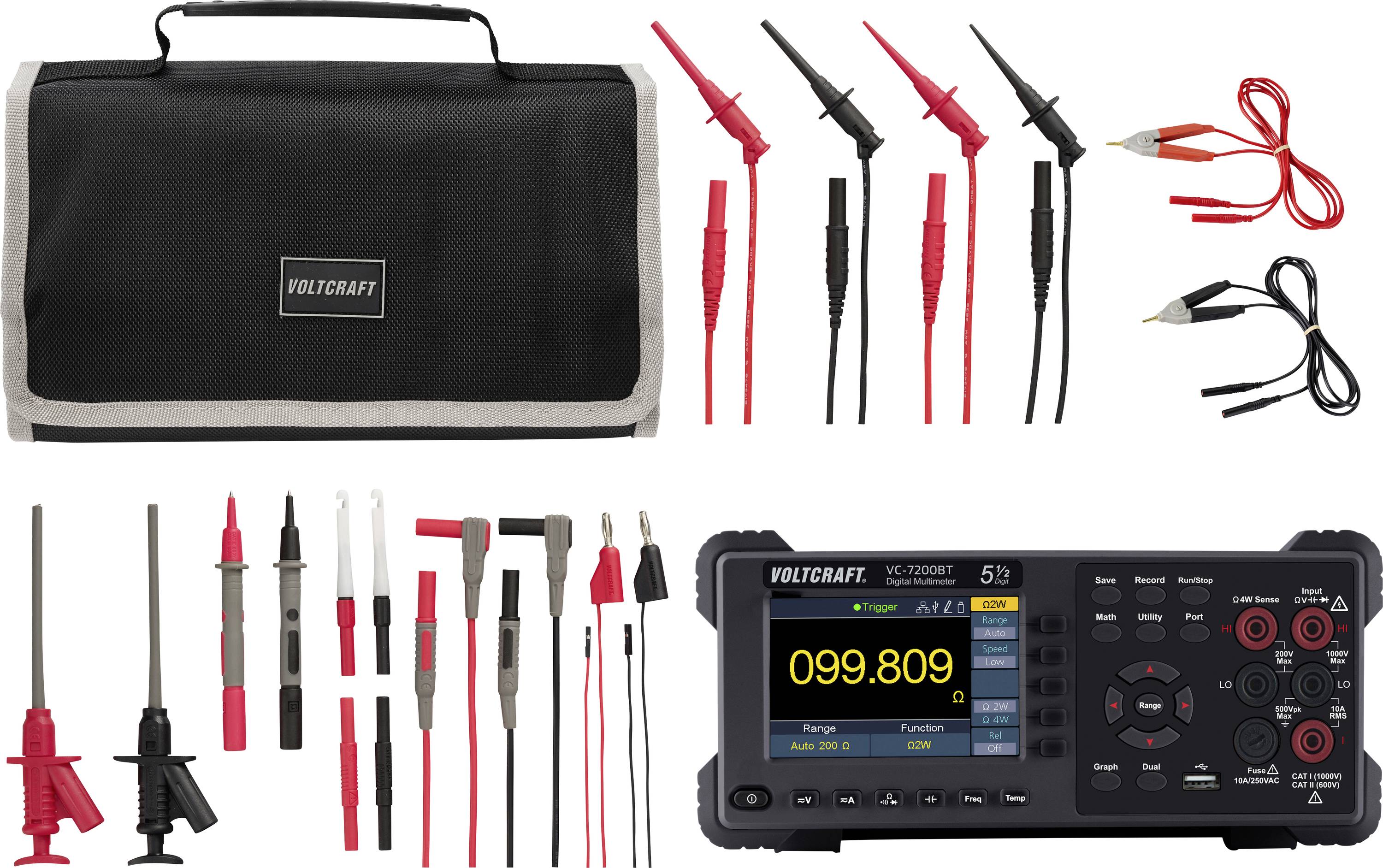 Sada testovacích sond Voltcraft s puzdrom na prepravu, rôznorodé červené a čierne meracie vodiče, svorky, adaptéry a digitálny multimeter zobrazujúci 099.809.
