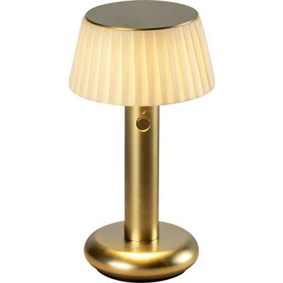 Zlatá stolná lampa s vrásnaným krémovým tienidlom a valcovitou základňou, zobrazená na bielom pozadí.