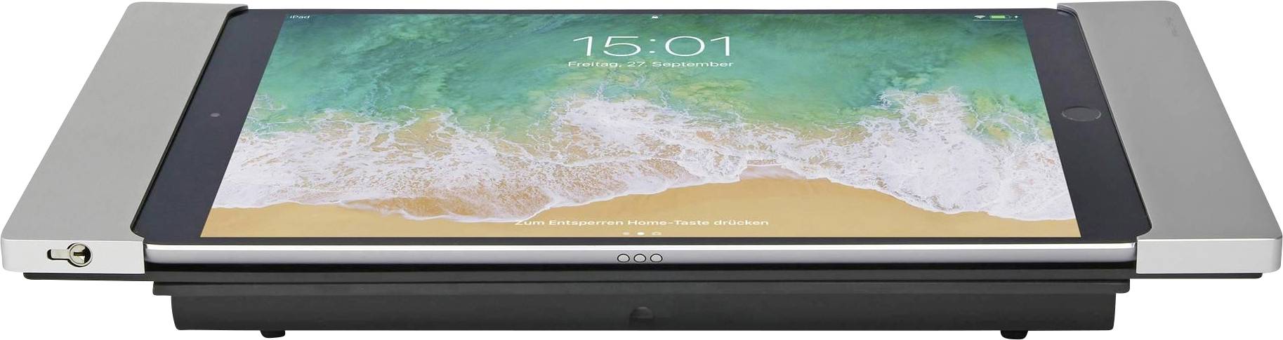 Prenosné zariadenie so stojanom držiace tablet s tapétou pláže, zobrazené v strede v šedej bočnej svorke.