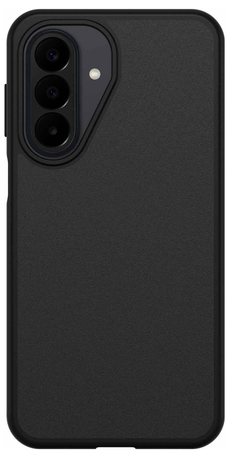 Čierny obal na smartphone s vyvýšeným výrezom pre fotoaparát určený pre tri zadné šošovky a blesk.