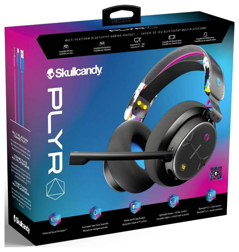 Krabica Skullcandy Plyr herného headsétu s náhľadom na headset, boom mikrofón a značku produktu na modrom a ružovom balení.