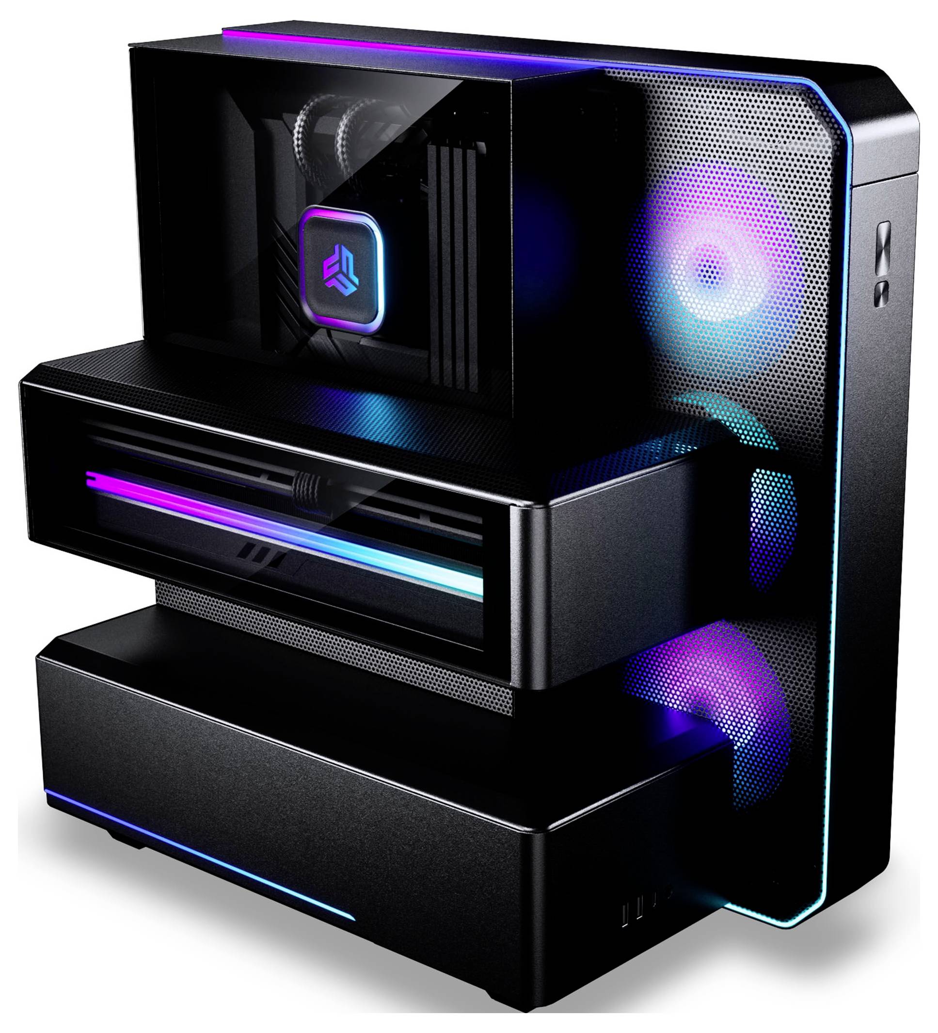 Štylizovaný čierny stolný počítač so vrstviteným dizajnom a svietiacim modrým, fialovým a ružovým RGB osvetlením, zobrazený na bielom pozadí.