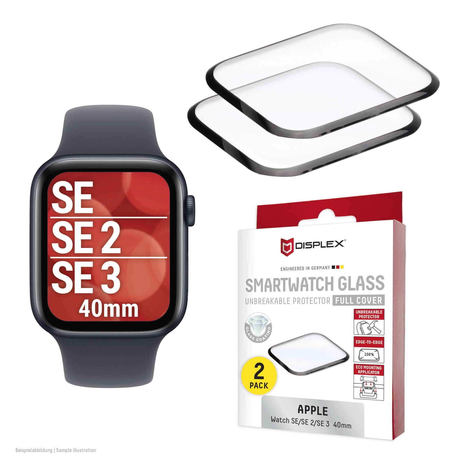 Ochranný fólik na displej Apple Watch balíček pre SE, SE 2 a SE 3, 40 mm, s obrázkom hodiniek, dvoma sklenenými ochranami a boxom s označením „SMARTWATCH GLASS" na 2-balíček.
