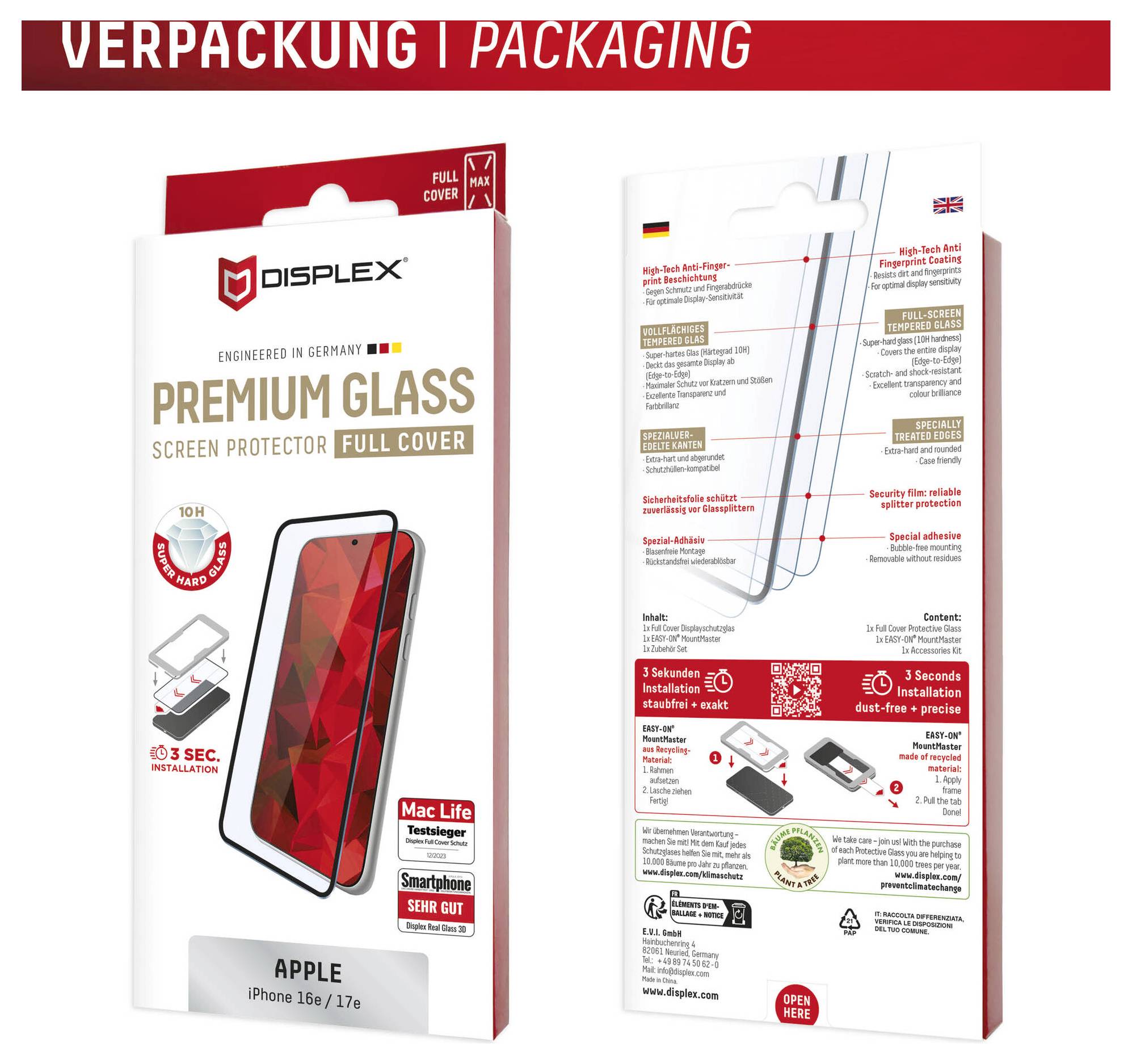 Balenie na Displex Premium Glass full-cover ochranné sklo na displej pre Apple iPhone 16e/17e, zobrazené spredu a zozadu s vlastnosťami produktu a krokmi inštalácie.