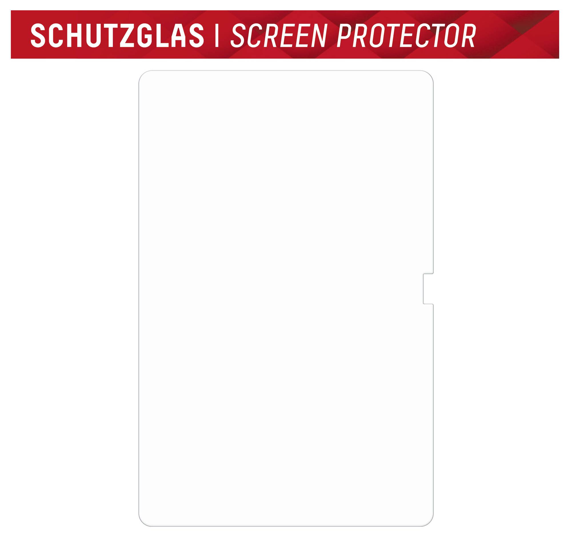 Čiré obdĺžnikové ochranné sklo na obrazovku s malým bočným výrezom, označené "SCHUTZGLAS | SCREEN PROTECTOR" v hornej časti.