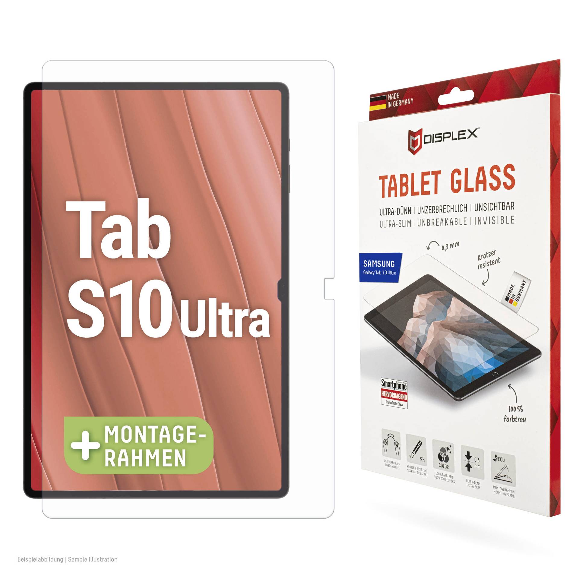 Obrázok ochranného skla na displej tabletu pre Samsung Tab S10 Ultra, zobrazený s montážnym rámom a balením produktu s označením "TABLET GLASS".