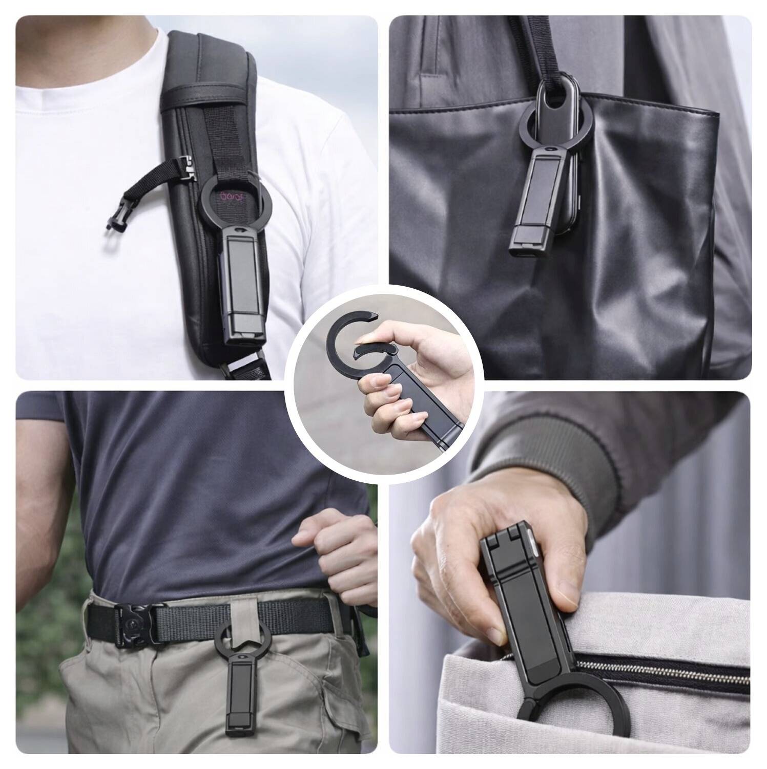 Koláž zobrazujúca čierny karabínový gadget pripnutý na rameno batohu, tašku, opasok a puzdro, s rukou otvárající hák.