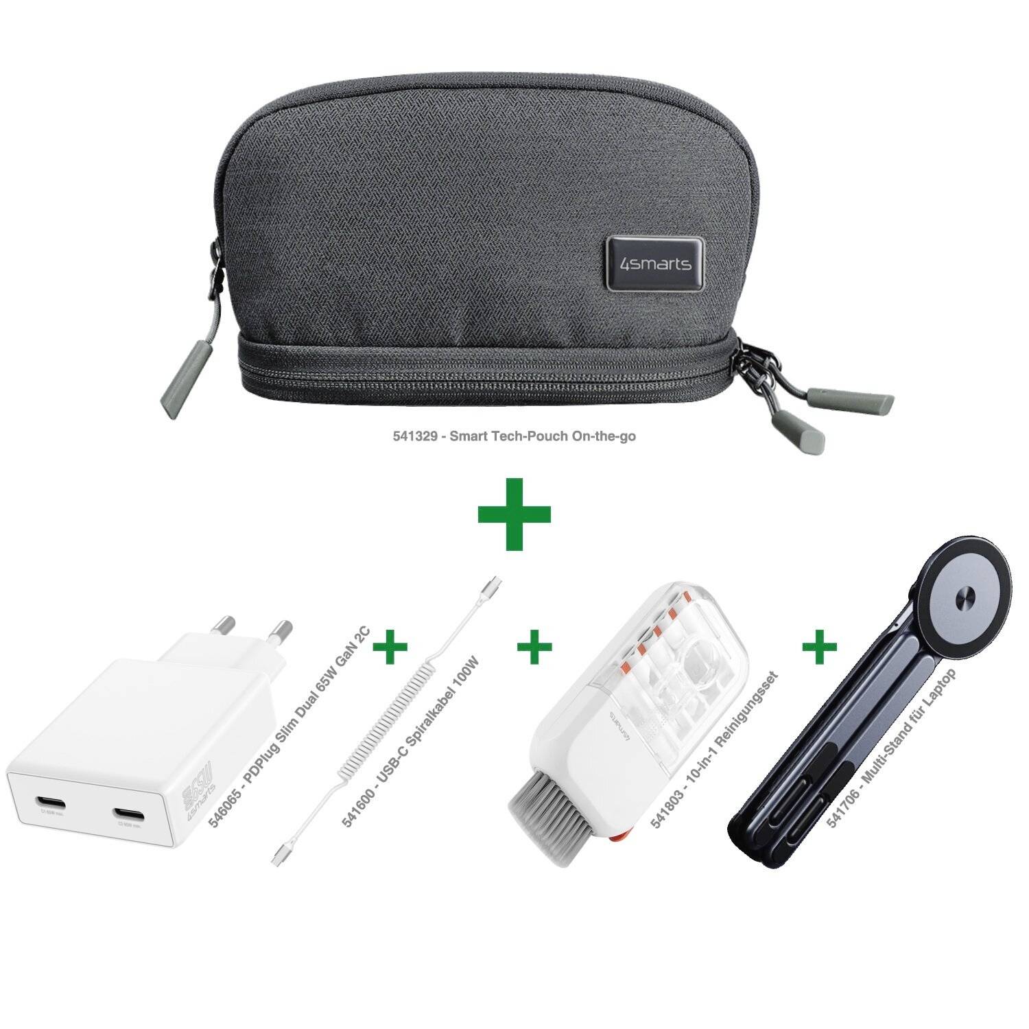 Sivá technologická taška 4smarts zobrazená so štyrmi zahrnutými príslušenstvom: kábel USB-C na USB-C, autobatéria na 100W, adaptér USB-C na Lightning a magnetický stojáň na notebook.