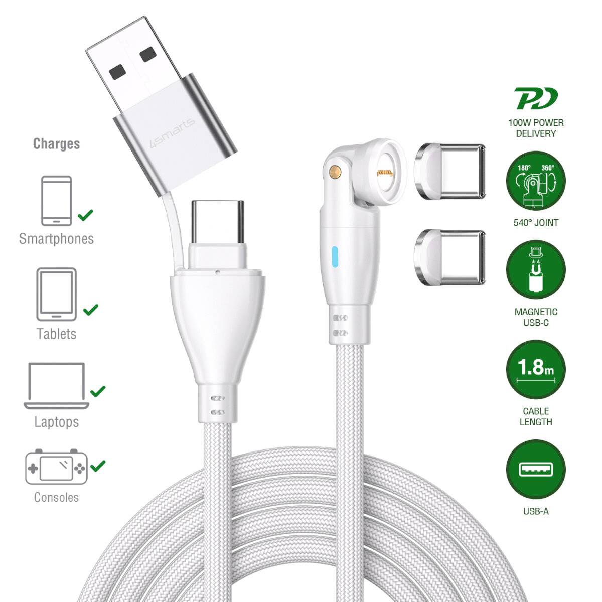 Magnetický nabíjací kábel USB-C s konektorom USB-A, dĺžka 1,8 m, hlava so 540° otáčaním a ikonami kompatibility pre smartfóny, tablety, notebooky a herné konzoly.