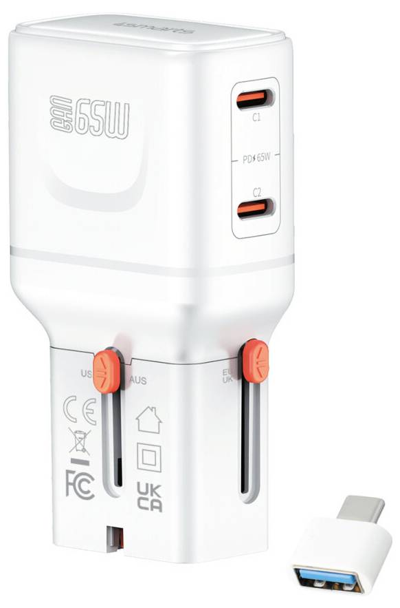 Biely 65W USB-C nabíjací adaptér do zásuvky so skladacou zástrčkou a dvoma USB-C portami, zobrazený s malým USB-C na USB-A adaptérom.