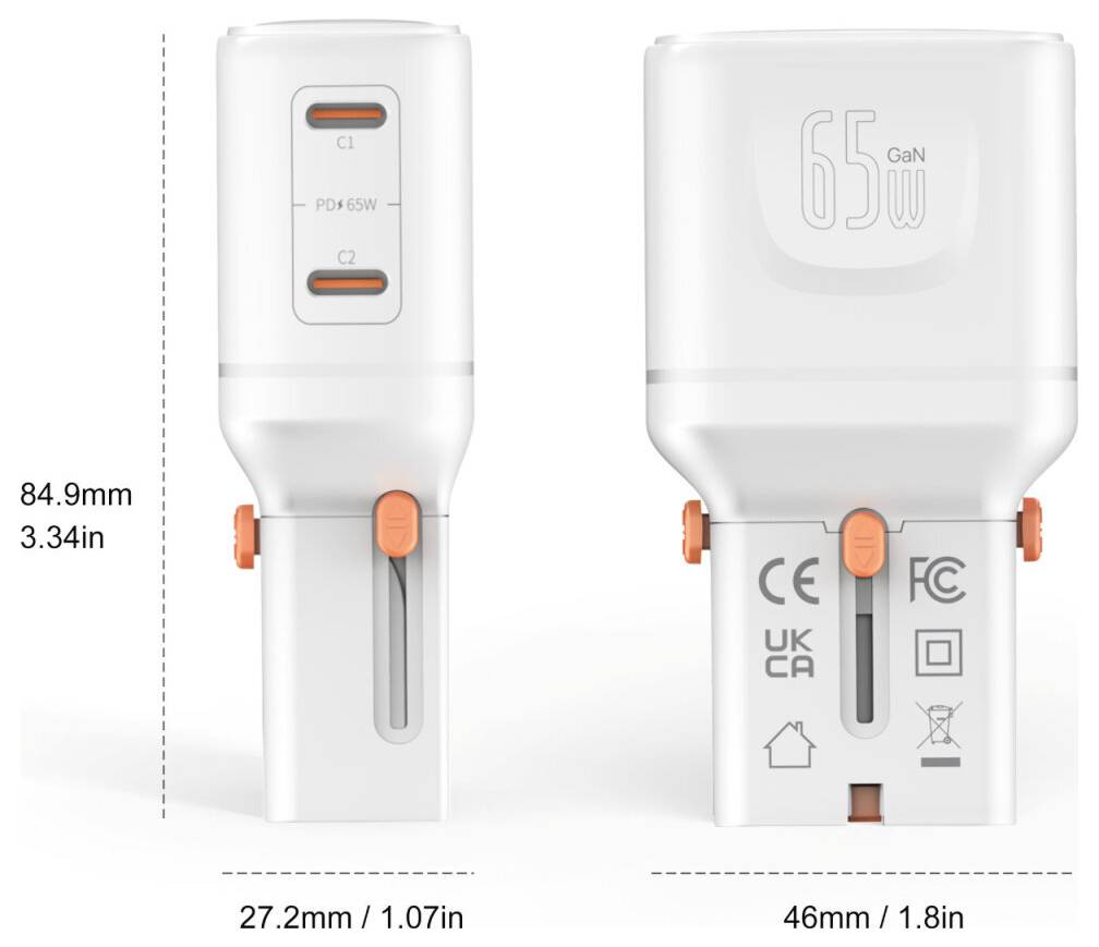 Diagram produktu zobrazujúci bielu 65W GaN USB-C nabíjačku s dvoma portami a rozmermi: výška 84,9 mm, šírka čela 27,2 mm, šírka strany 46 mm.