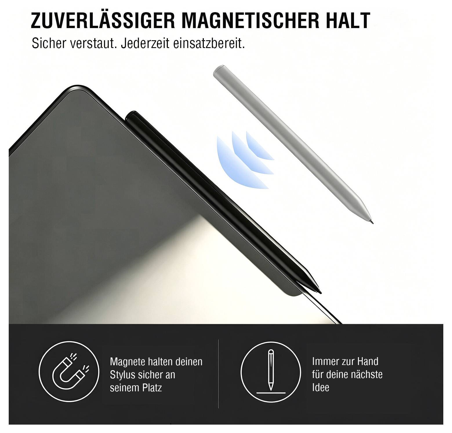 Slovenský promo s tabletem s magnetickým držiakom stylusa; text hovorí „Spoľahlivý magnetický úchyt" a „Bezpečne uložené. Vždy pripravené na použitie."