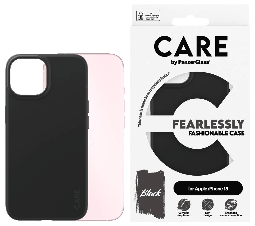 Čierne puzdro Black PanzerGlass CARE pre iPhone 15 zobrazené s balením, vedľa ružového puzdra a čierneho puzdra v prednom pohľade.