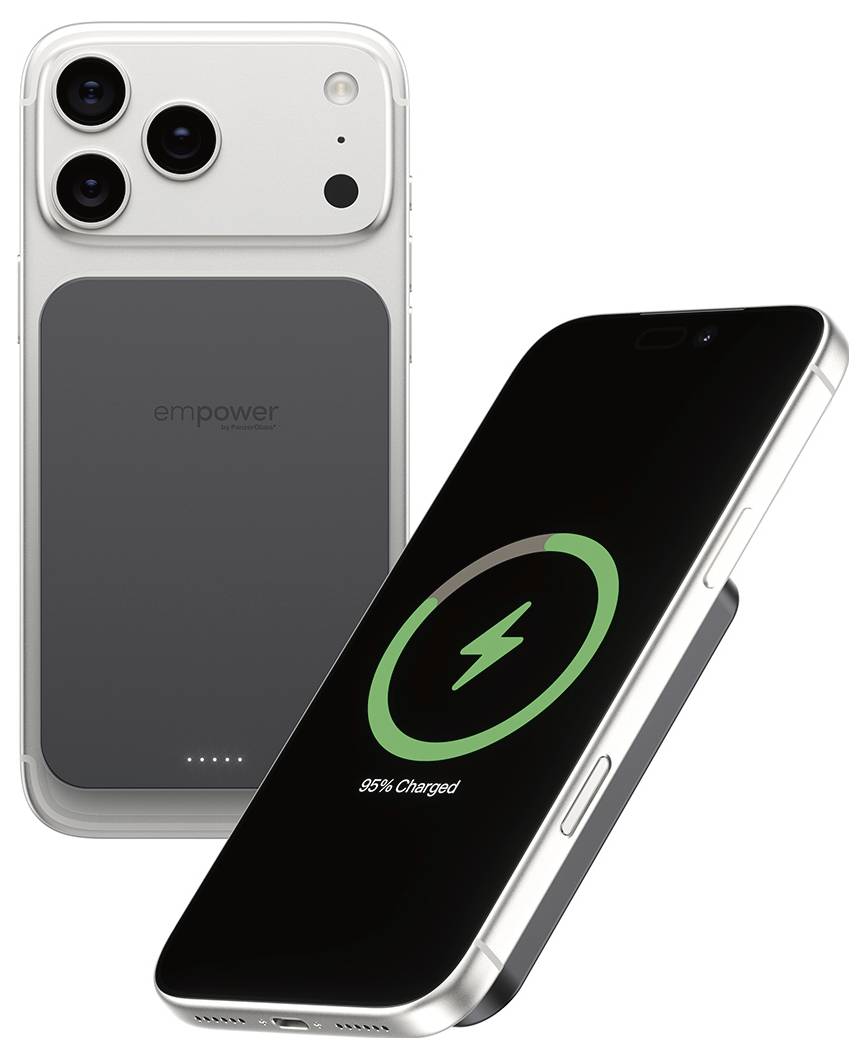 Batériový kôň v štýle MagSafe pripevnený na zadnej strane iPhonu s ikonou nabíjania a na obrazovke je zobrazené "95 % nabitá".