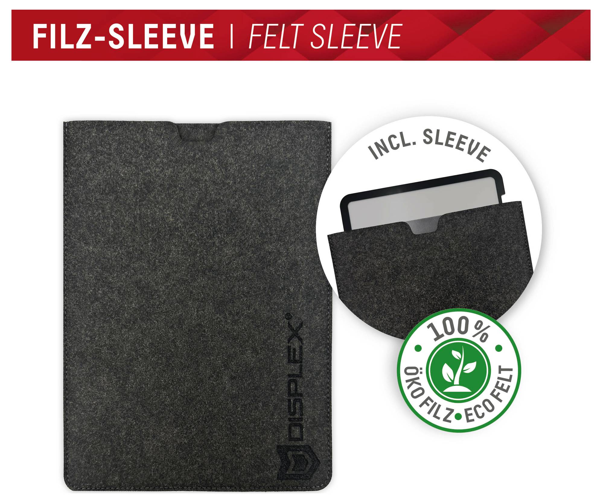 Obrázok produktu tmavého plsťového puzdra na tablet s označením „FILZ-SLEEVE | FELT SLEEVE", zobrazený s priloženou ilustráciou puzdra a odznakom „100% OKOFILZ-ECOFELT".