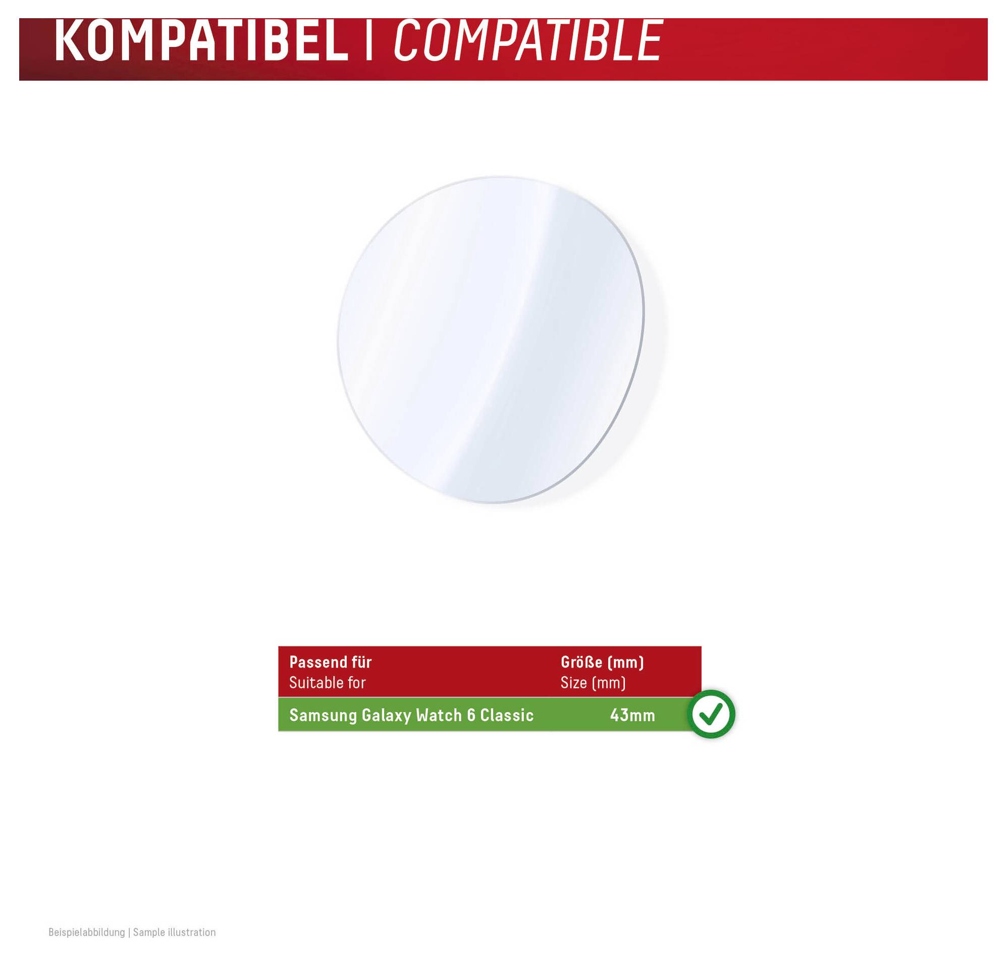 Obrázok kompatibility zobrazujúci ochrannú fóliu na obrazovku pre Samsung Galaxy Watch 6 Classic, veľkosť 43 mm, s fajkou označujúcou, že sa hodia.