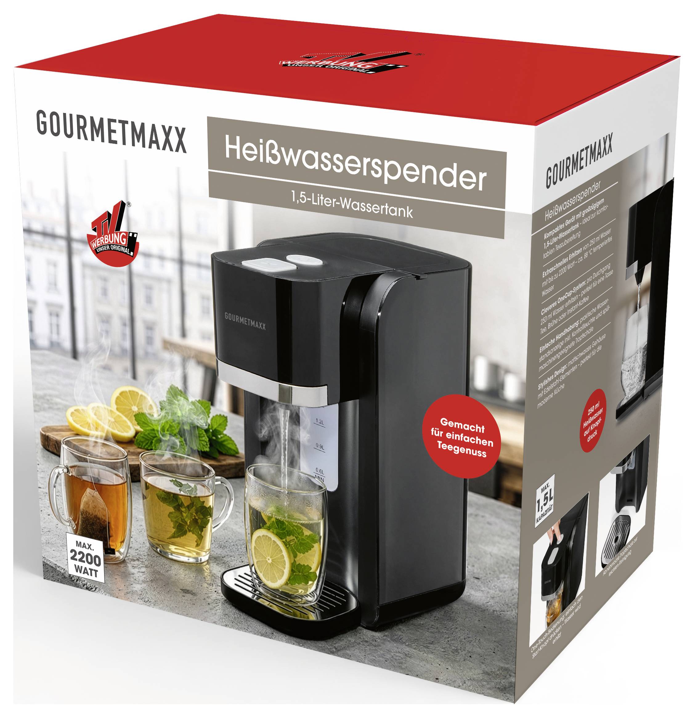 Krabica na GOURMETMAXX 'Heißwasserspender' s nádrží na 1,5 litra vody, zobrazujúca čierny prístroj na distribúciu horúcej vody na čaj a nápoje, s označením '2200 watt'.