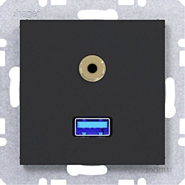 Čierna zásuvka s okrúhlym koaxiálnym konektorom nad modrým USB portom, zobrazená na striebornom montážnom ráme.