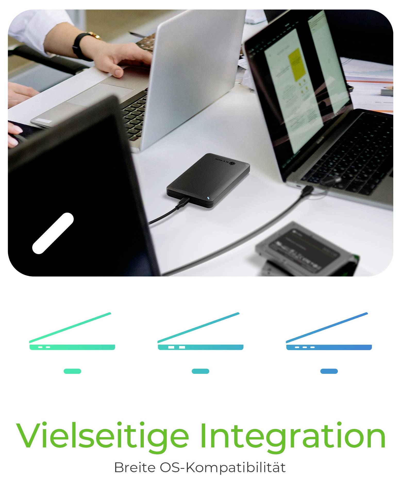 Propagačná grafika zobrazujúca notebooky pripojené k prenosnej jednotke, s tromi farebnými čiarami nižšie a nemeckým textom „Vielseitige Integration" a „Breite OS-Kompatibilität".