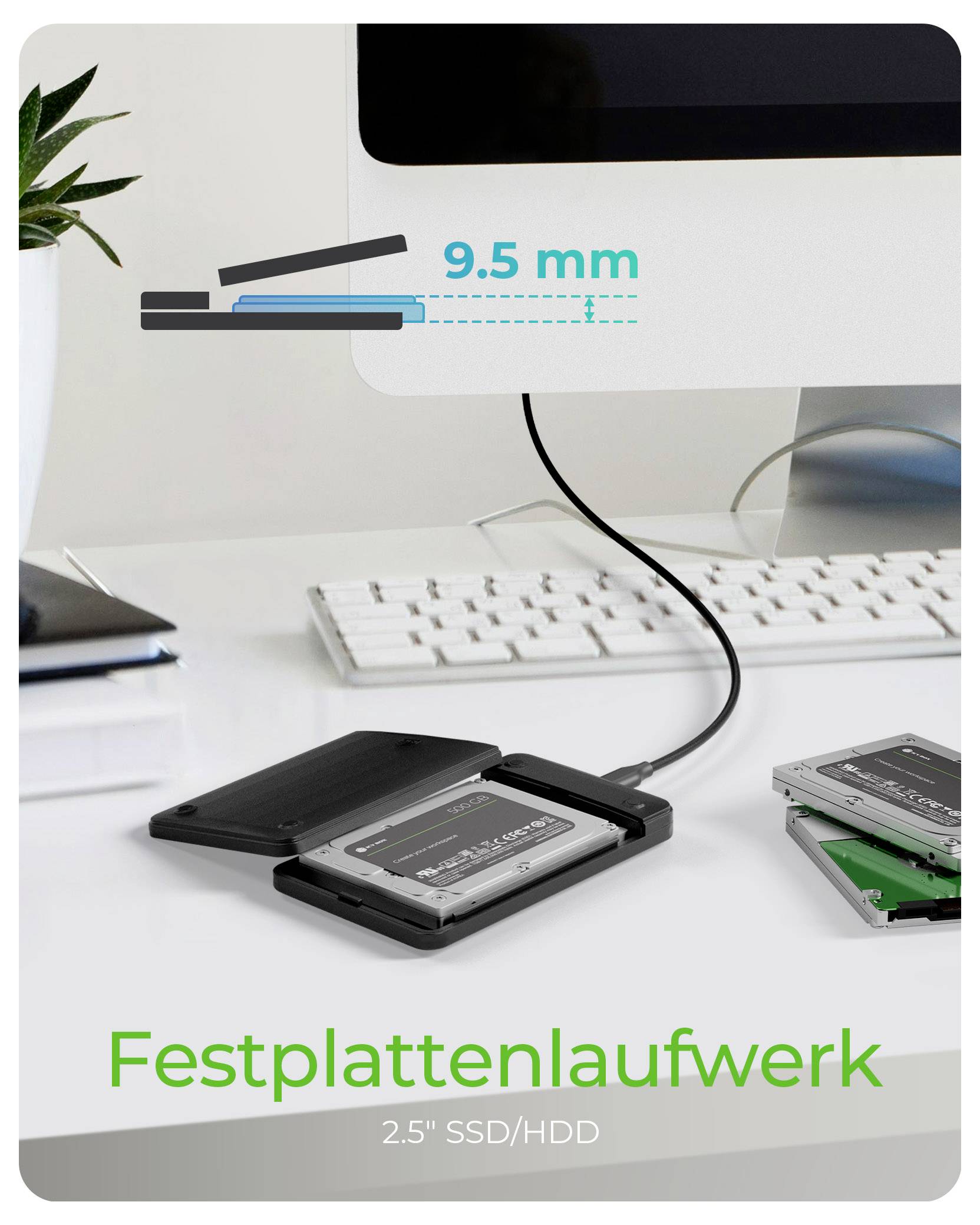 Obrázok produktu zobrazujúci štíhly box na 2,5-palcový SSD/HDD pod iMacom, označený "Festplattenlaufwerk" a s hrúbkou 9,5 mm.