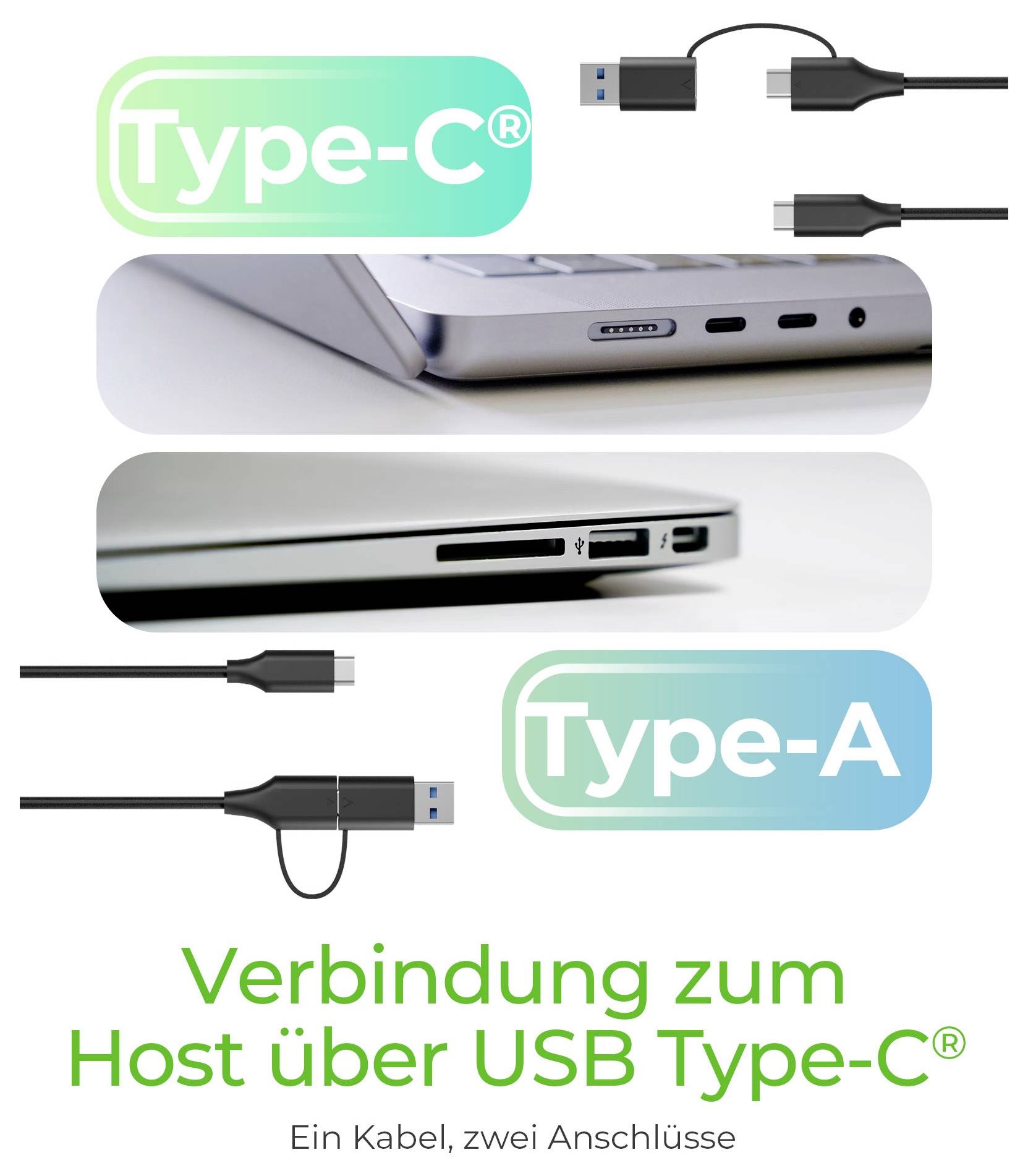 USB kábel s konektormi Type-C a Type-A na pripojenie k hostiteľu; obrázok zobrazuje obe koncovky a porty notebooku, s nemeckým textom "Verbindung zum Host über USB Type-C" a "Ein Kabel, zwei Anschlüsse".
