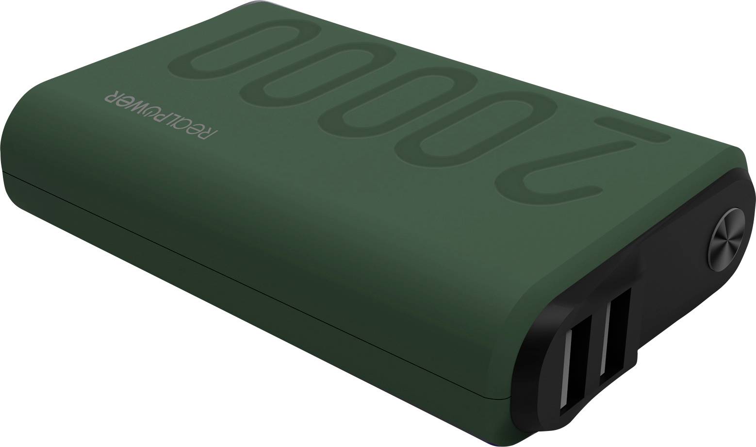 Zelená prenosná power banka s číslom "20000" vytlačeným na vrchu a dvoma USB portmi na konci.