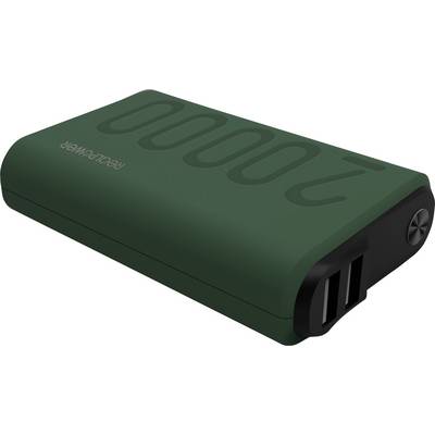Zelená prenosná power banka s číslom "20000" vytlačeným na vrchu a dvoma USB portmi na konci.