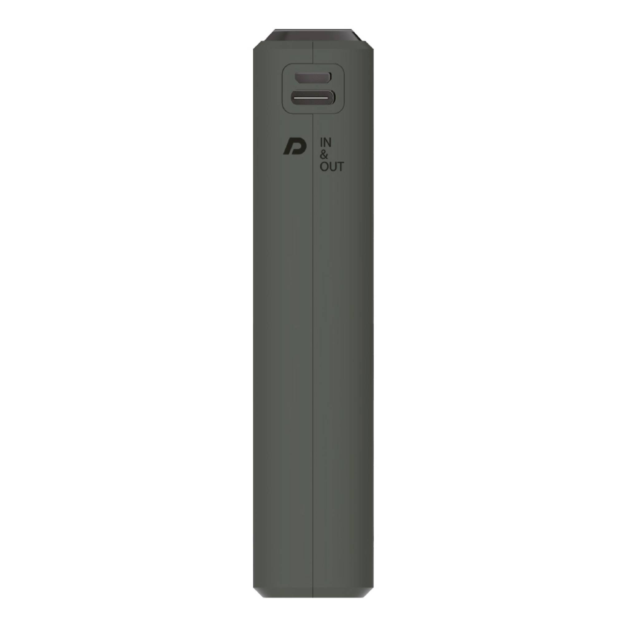 Štíhla tmavosivá powerbankovka so vstupmi a výstupmi USB-C označenými ako "IN & OUT" v hornej časti.