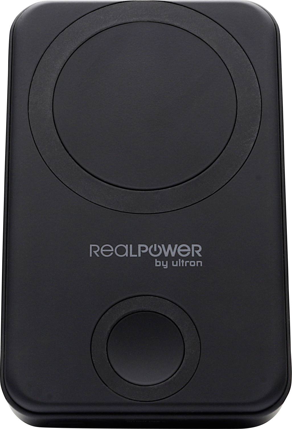 Čierna powerbank RealPower od Ultronu s veľkým kruhových vrchným panelom a menším kruhovým tlačidlom blízko spodku.
