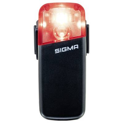 Spodný pohľad na čiernu svetelnú lampu Sigma na bicykel s jasným červeným LED objektívom zapnutým v hornej časti.