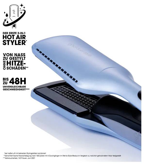 Reklamný obrázok svetlomodrého 2-v-1 Hot-Air-Stylera, polovične otvorený; text propaguje styling od mokrých vlasov k naštýlovaným bez tepelného poškodenia a až 48 hodín držania.