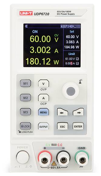 UNI-T UDP6720 jednosmerný zdroj napájania s predným panelom zobrazujúcim výstupy nastavené na 60,00 V, 3,002 A, 180,12 W, s ovládačmi na nastavenie prúdu a napätia a displejom.