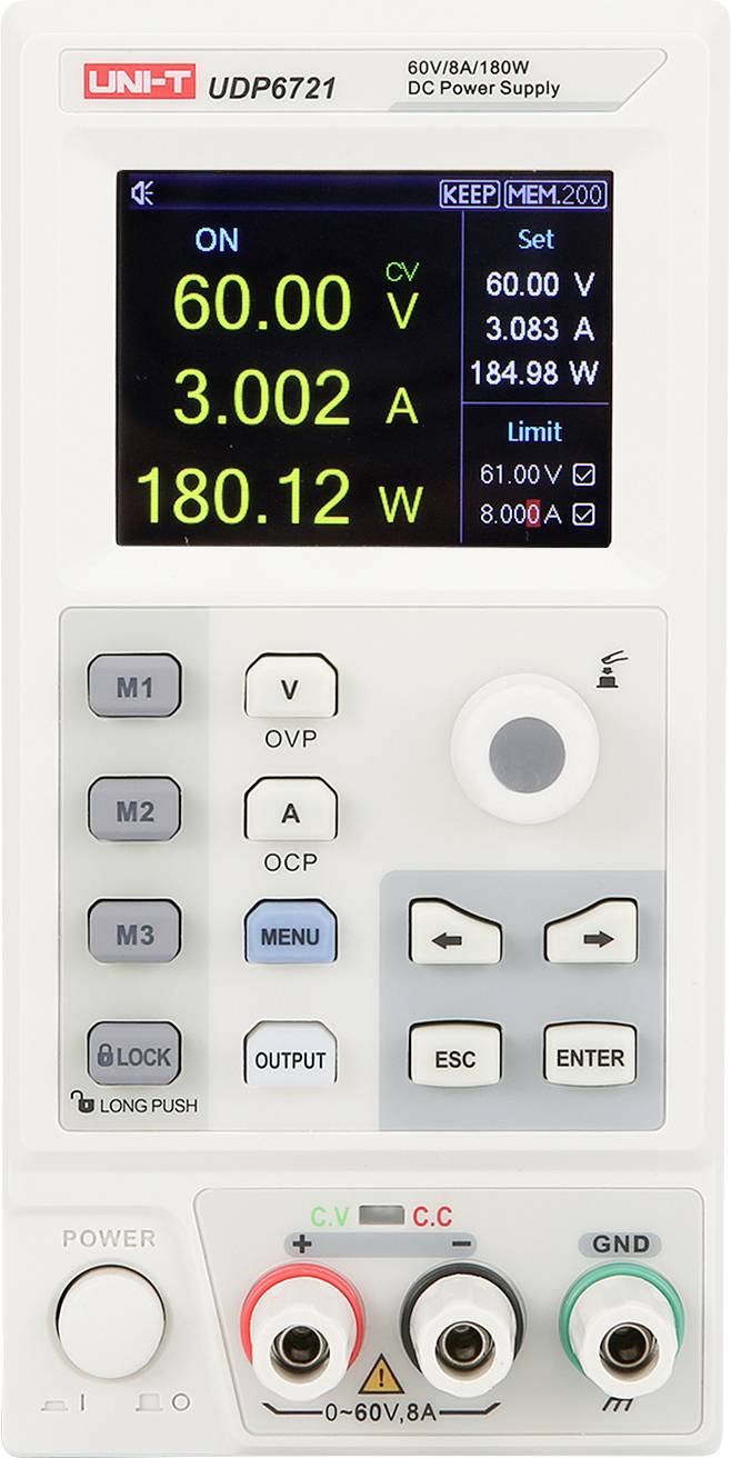 Predný panel napájacieho zdroja DC UNI-T UDP6721 zobrazujúci výstup nastavený na 60,00 V, 3,002 A a 180,12 W, s otočnými gombíkami napätia/prúdu a svorkami nižšie.