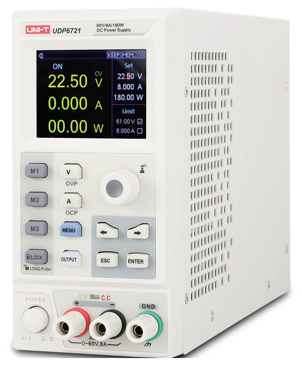 Jednosmerný zdroj UNI-T UDP6721 s displejom zobrazujúcim 22,50 V, 0,000 A a 0,00 W, plus ovládačmi napätia, prúdu a výstupu.