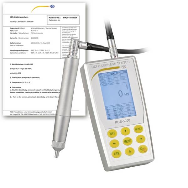 PCE Instruments PCE-5000-ICA prístroj na meranie tvrdosti Kalibrované podľa (ISO) Brinell, Rockwell, Vickers, pevnosť v ťahu (MPa) 20,3 - 68,0 HRC, 41,0 - 100,0 HRB, 61,0 - 85,6 HRA, 76 - 618 HB, 50 - 999 HV, 255 - 2180 N/mm²
