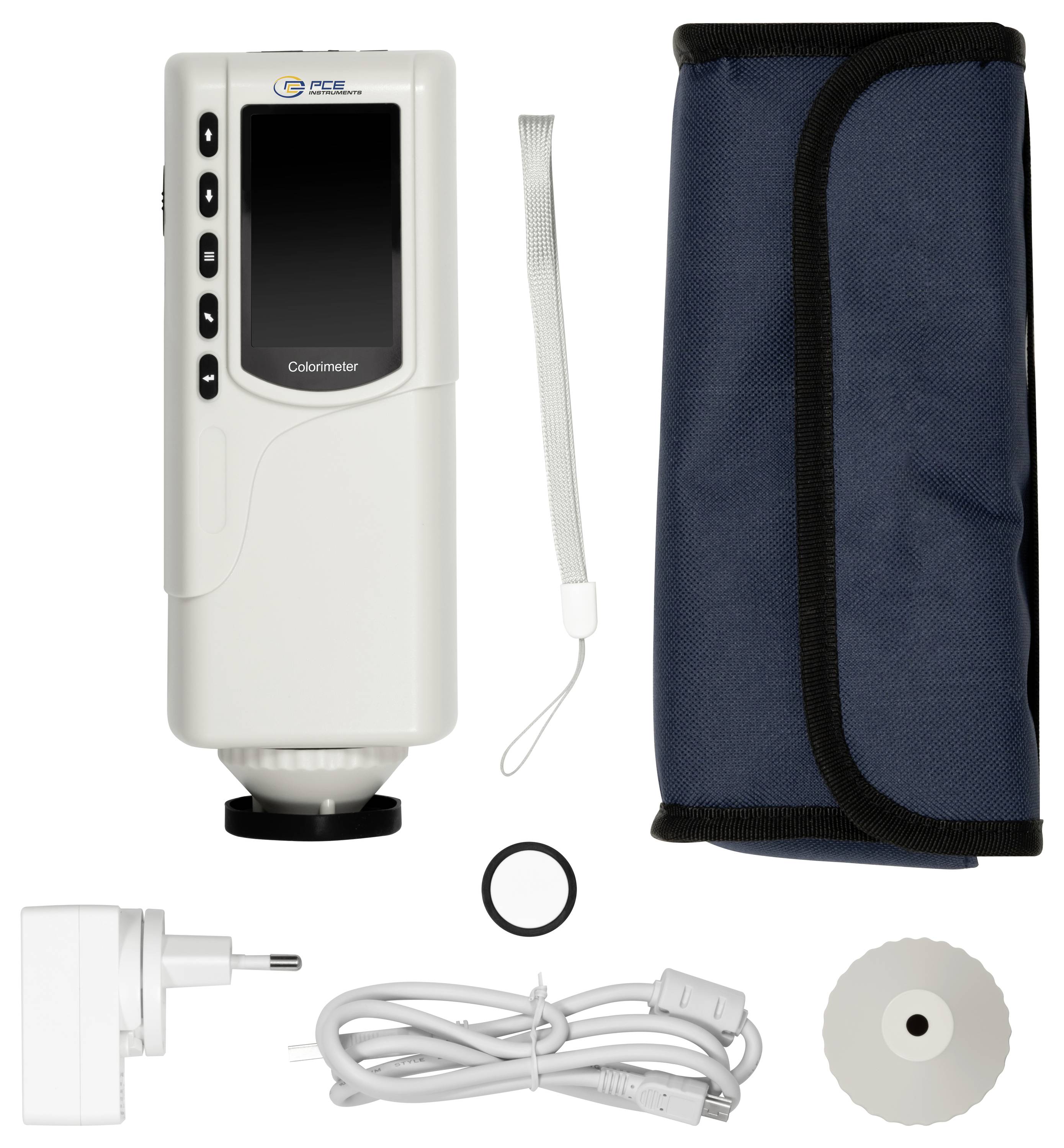 Sada kolorimetra s prenosným meracím prístrojom, pásikom na zápästie, prenosným puzdrom, napájacím adaptérom, USB kábľom a kalibračným diskom na bielom pozadí.