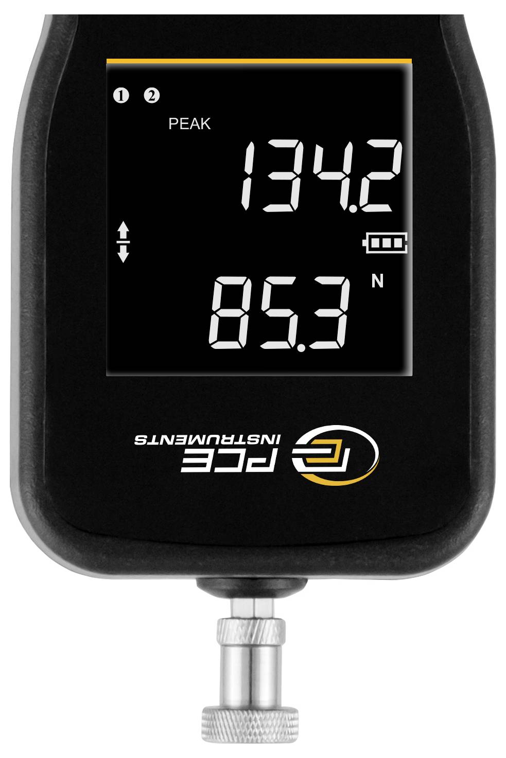 Prenosný digitálny dynamometer zobrazujúci na displeji maximálnu silu 134,2 a aktuálnu silu 85,3 N.